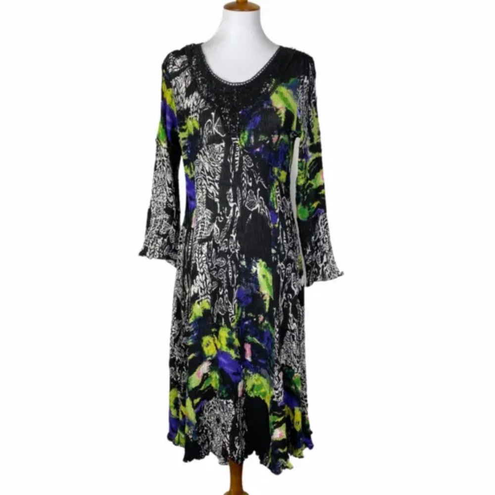 Pleats Collection Crinkle Pleated Midi Dress Semi-Sheer Sz. M